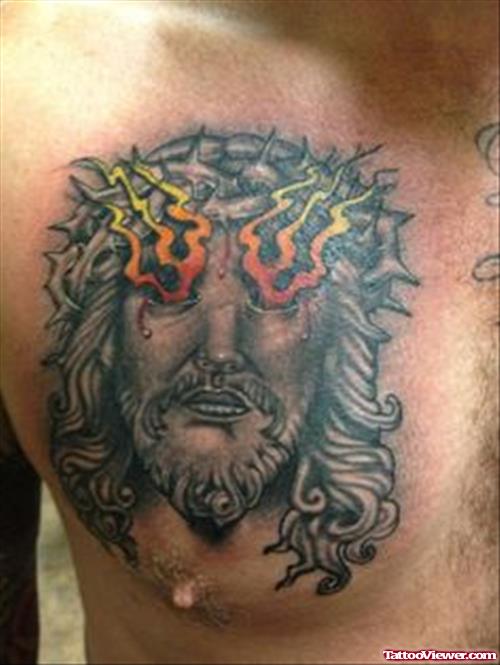 Jesus Head Tattoo On Man Right Chest