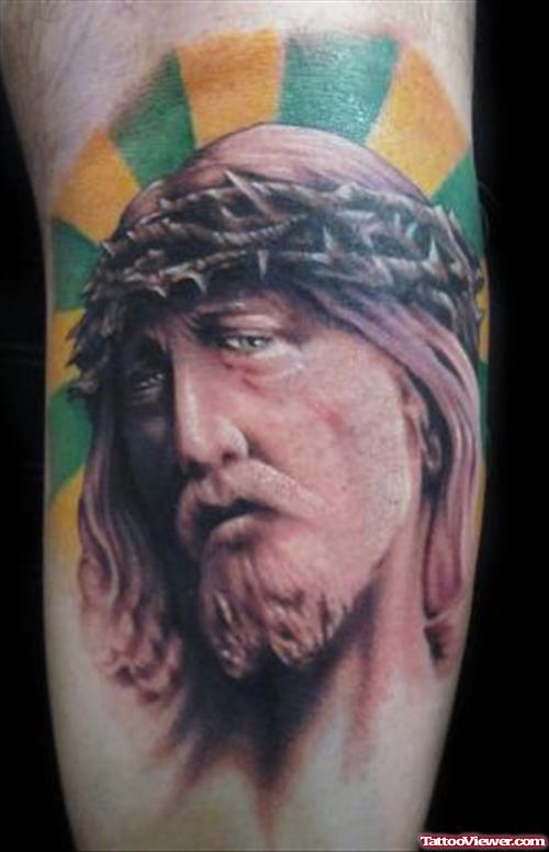 Grey Ink Jesus Christ Head Tattoo On Sleeve