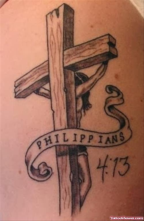 Grey Ink Banner and Jesus Cross Tattoo