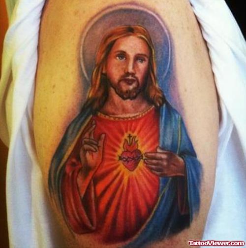 Colored Ink Jesus Tattoo On Half Sleeve