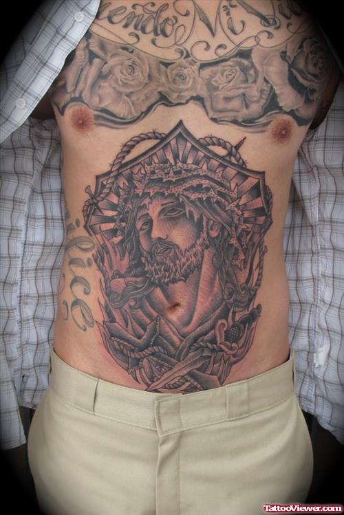 Grey Ink Jesus Tattoo On Man Belly