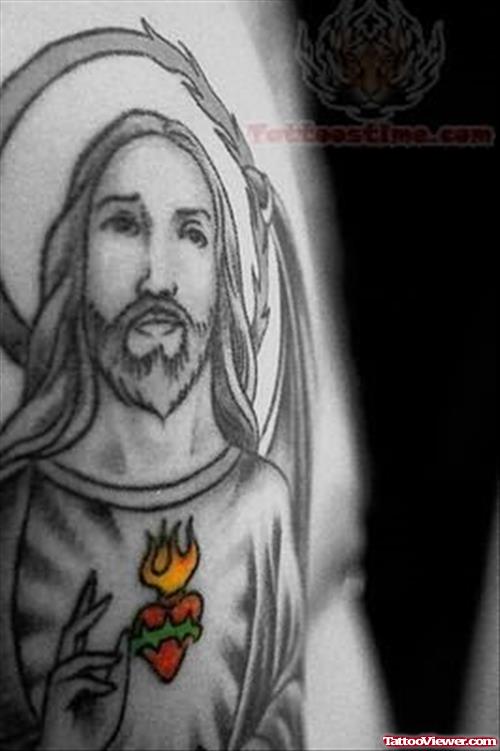Color Sacred Heart And Grey Ink Jesus Tattoo
