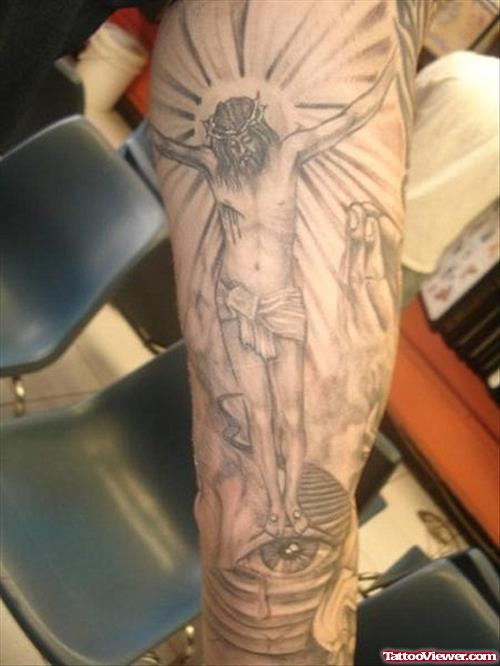 Classic Grey Ink Jesus Tattoo On Full Sleeve