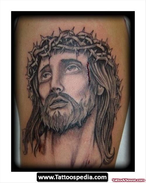 Grey Ink Thorn Head Jesus Christ Tattoo
