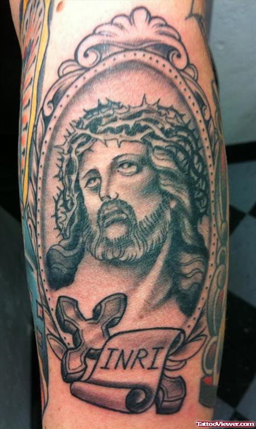 Grey Ink Jesus Tattoo For Men