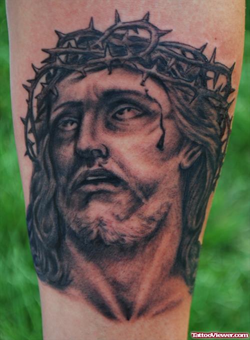 Dark Ink Jesus Tattoo On Arm