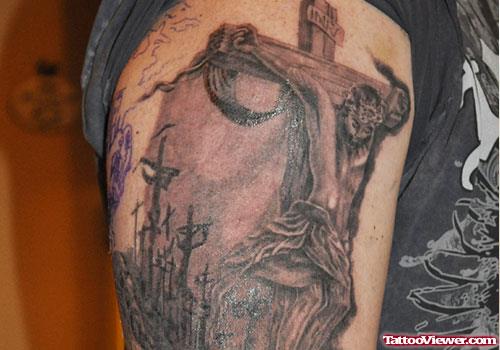 Cross And Jesus Face Tattoo On Half sleeve