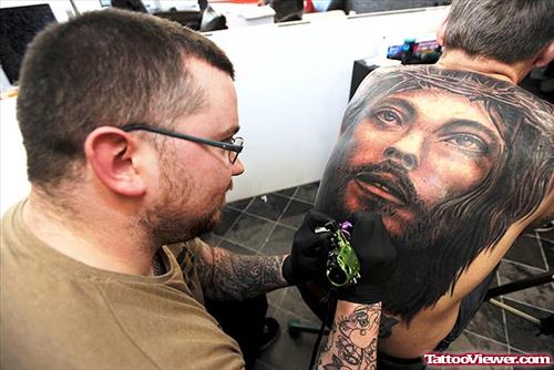 Color Ink Jesus Tattoo On Man Back Body