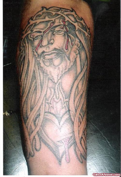 Best Grey Ink Jesus Tattoo On Full Sleeve