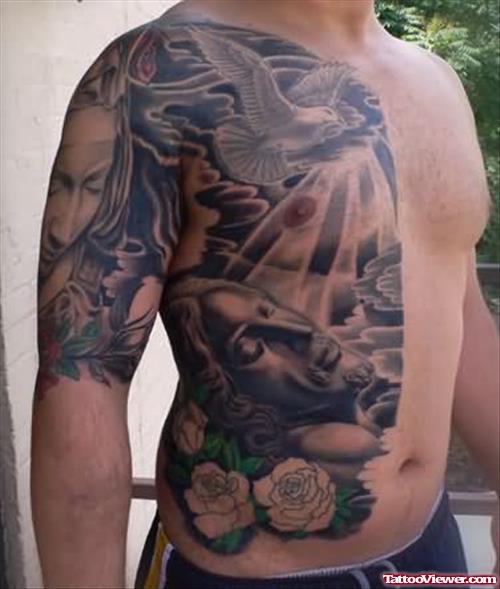 Amazing Grey Ink Jesus Tattoo On Body