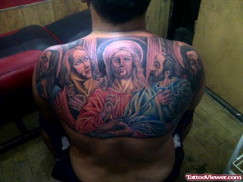 Awesome Colored Religious Jesus Tattoo On Upperback