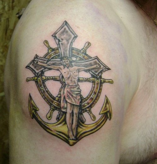 Anchor And Jesus Christ Cross Tattoo On Man Right Shoulder