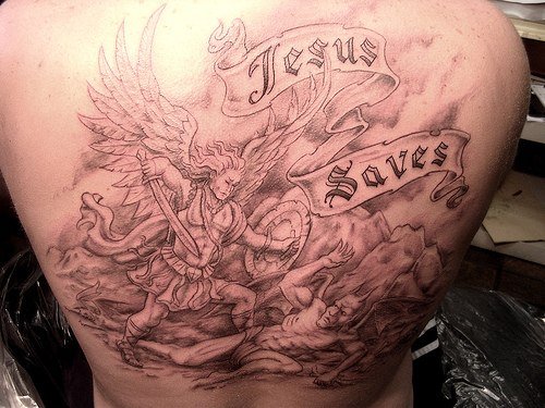 Jesus Saves Banner And Angel Jesus Tattoo On Back