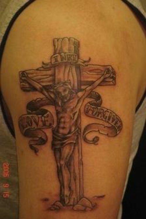 Grey Ink Cross And Banner Jesus Tattoo