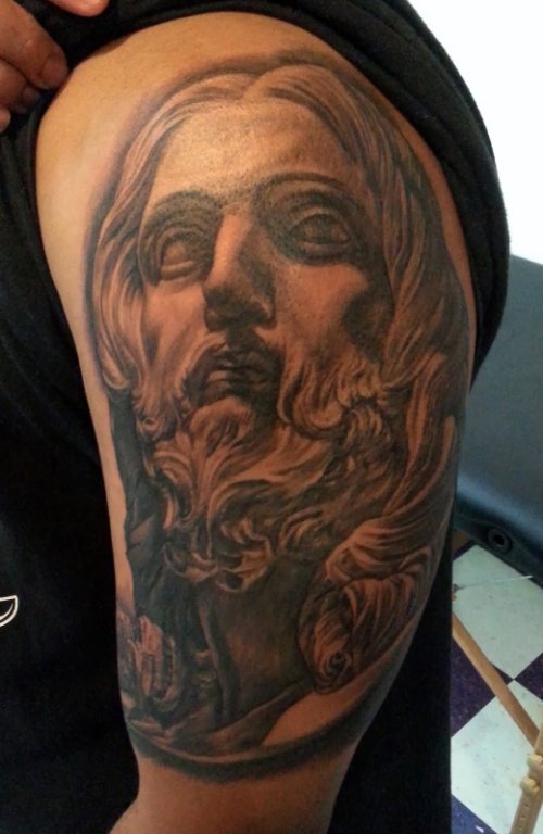 Jesus Tattoo On Left Half Sleeve