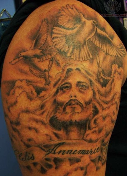 Jesus Tattoo On Man Shoulder