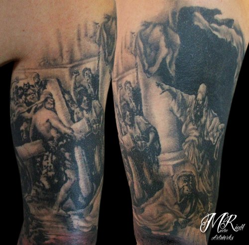 Grey Ink Jesus Tattoo On Half Sleeve