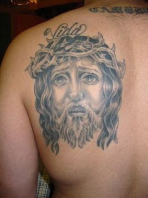 Left Back SHoulder Jesus Christ Head Tattoo