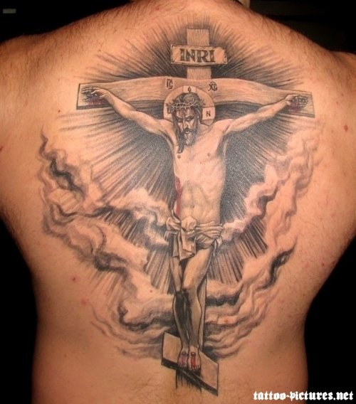 3D Cross And Jesus Tattoo On Man Back