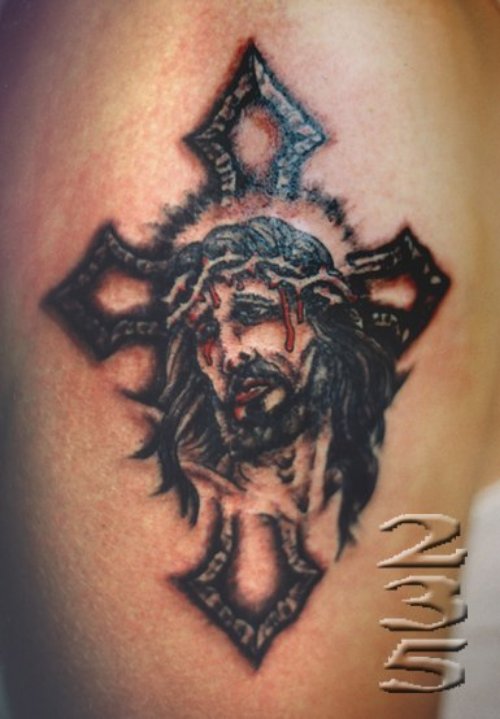 Attractive Cross And Jesus Head Tattoo