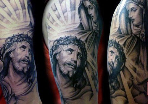 Amazing Grey Ink Jesus Head Tattoo On Right Half Sleeve