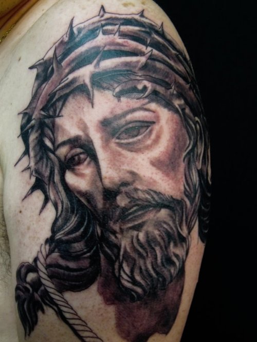 Best Grey Ink Jesus Tattoo On Man Left Shoulder