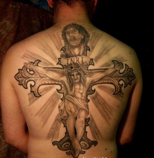 Grey Inkc Cross And Jesus Tattoo On Back