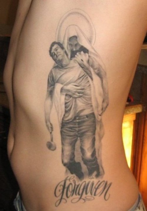 Awesome Grey Ink Jesus Tattoo On Man Side Rib