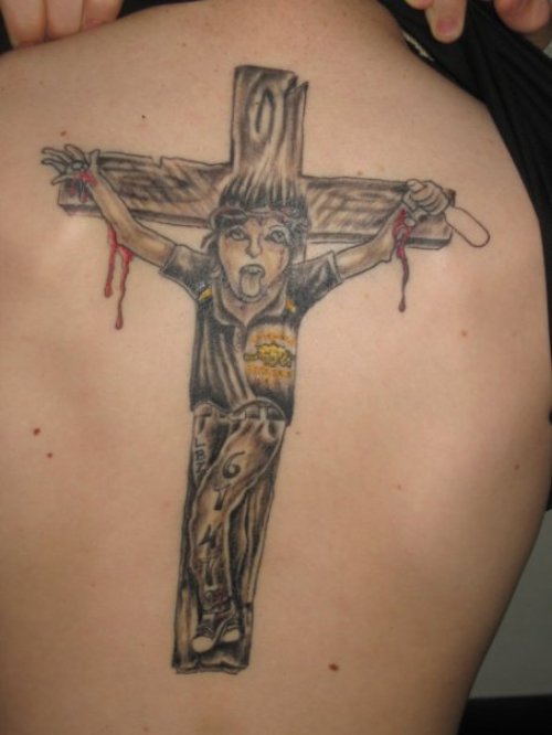 Cross And Jesus Tattoo On Back For Guys