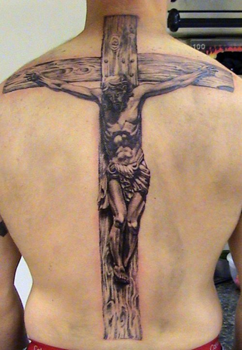 Cross And Jesus Tattoo On Back