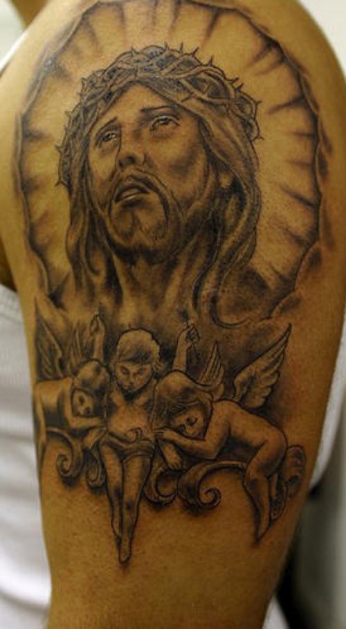 Amazing Grey Ink Jesus Tattoo On Man Left Shoulder