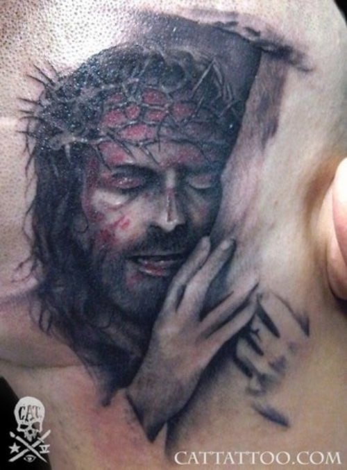 Bleeding Jesus Tattoo On Man Head