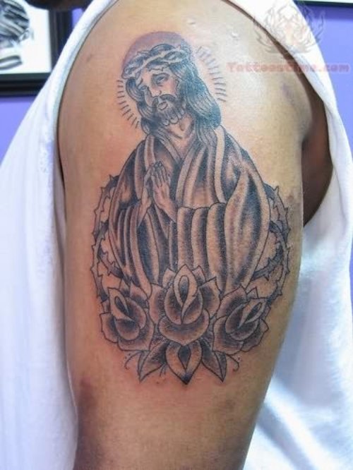 Jesus And Flowers Tattoo