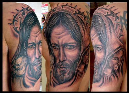 Dark Ink Jesus Head Tattoo On Half Sleeve