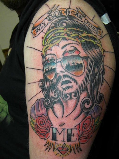 Jesus Head Tattoo On Left Shoulder