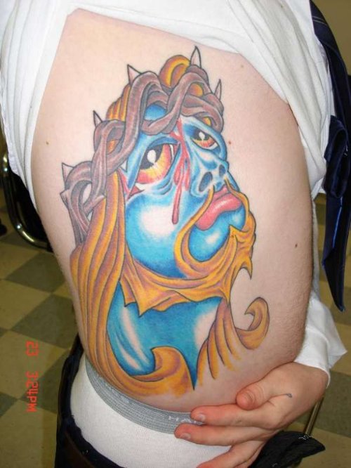Colored Jesus Head Tattoo On Rib Side