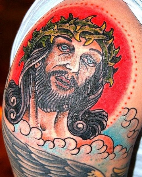 Colored Jesus Tattoo On Man Right Shoulder