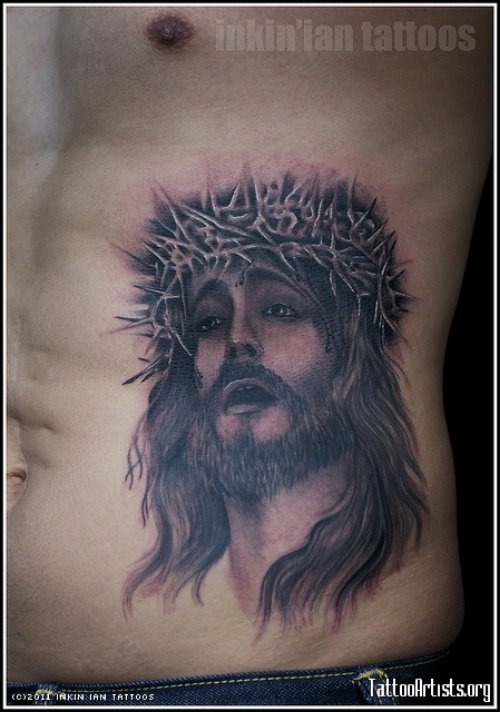 Grey Ink Jesus Tattoo On Man Side Rib