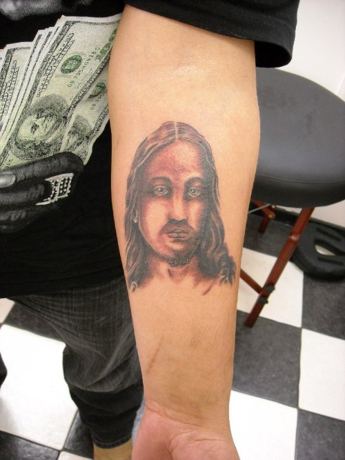 Realistic Grey Ink Jesus Christ Tattoo On Left Forearm