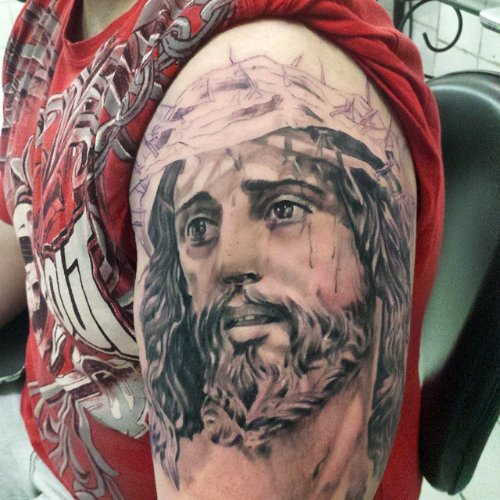 Grey Ink Jesus With Thorn Crown Tattoo On Half Sleeve
