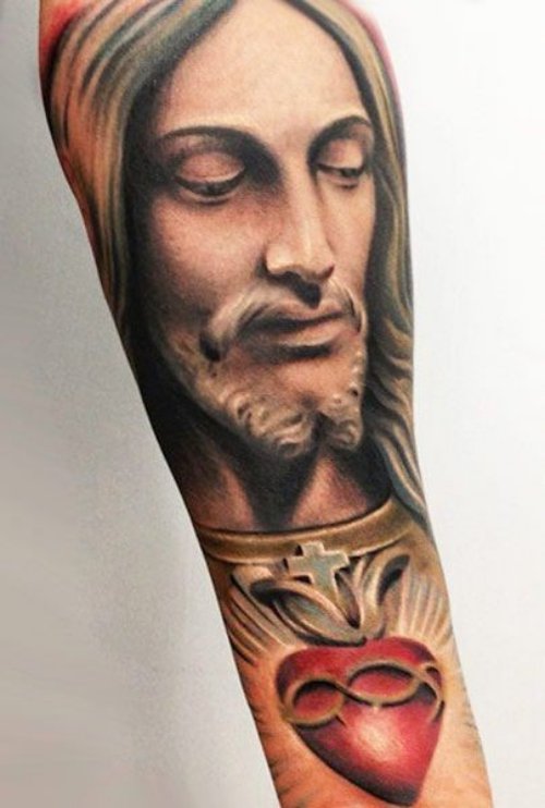 Red Heart And 3D Jesus Tattoo On Arm