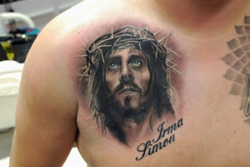 Cool Jesus Tattoo On Front Shoulder