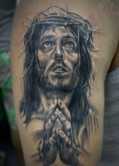 Praying Jesus Head Tattoo On Bicep