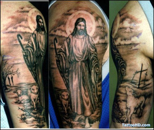 Sacred Jesus Tattoo On Half Sleeve