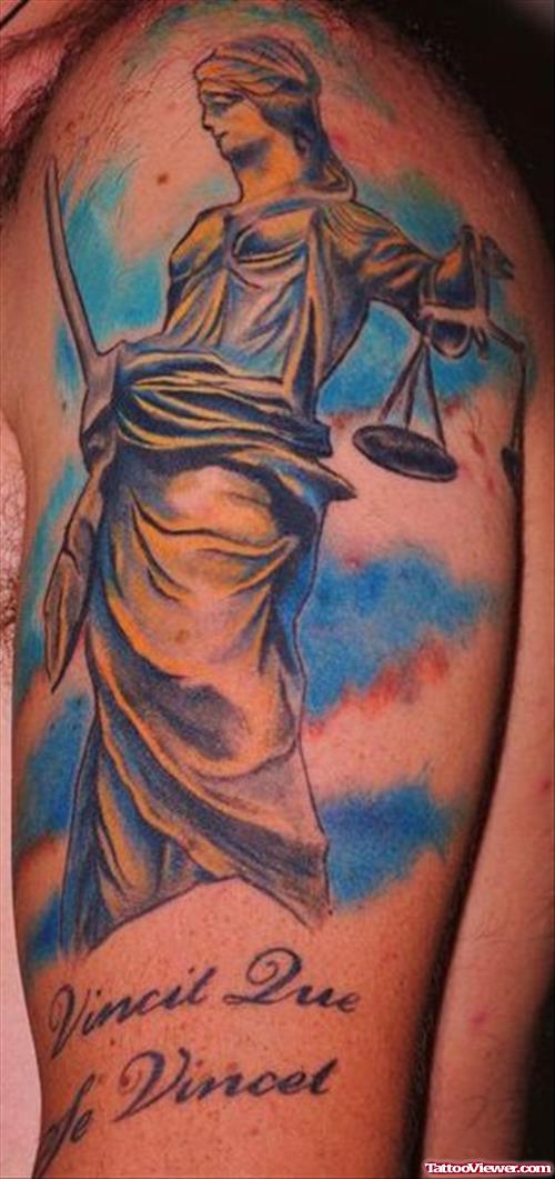Colored Justice Tattoo On Left Half Sleeve