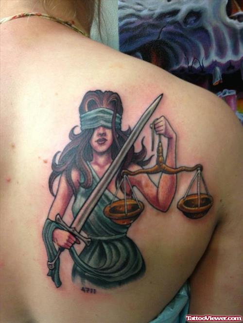 Color ink Blind Girl Justice Tattoo On Right Back Shoulder