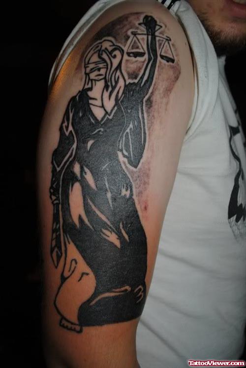 Black Ink Justice Tattoo On Man Right Half Sleeve