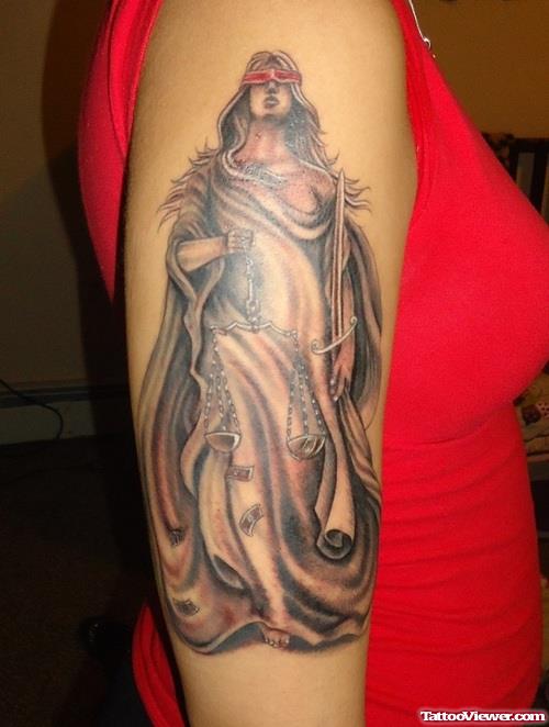 Amazing Grey Ink Justice Tattoo On Right Half Sleeve