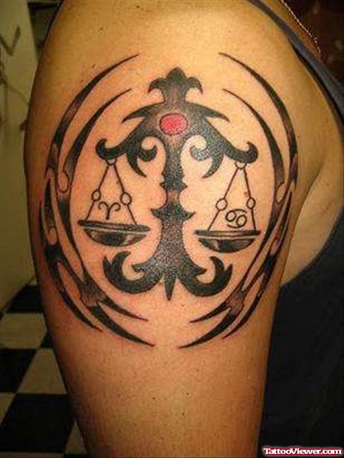 Black Tribal and Justice Tattoo On Right Shoulder