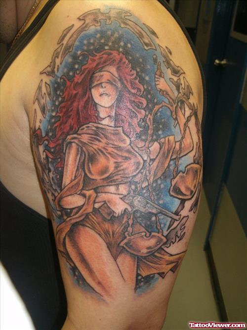 Lady Justice Colored Tattoo On Left Half Sleeve
